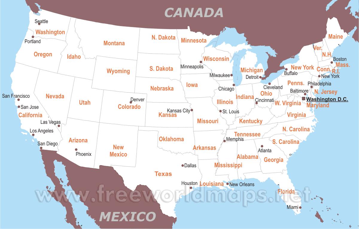 Mapa de estados UNIDOS con el Estado y los nombres de la ciudad - Mapa