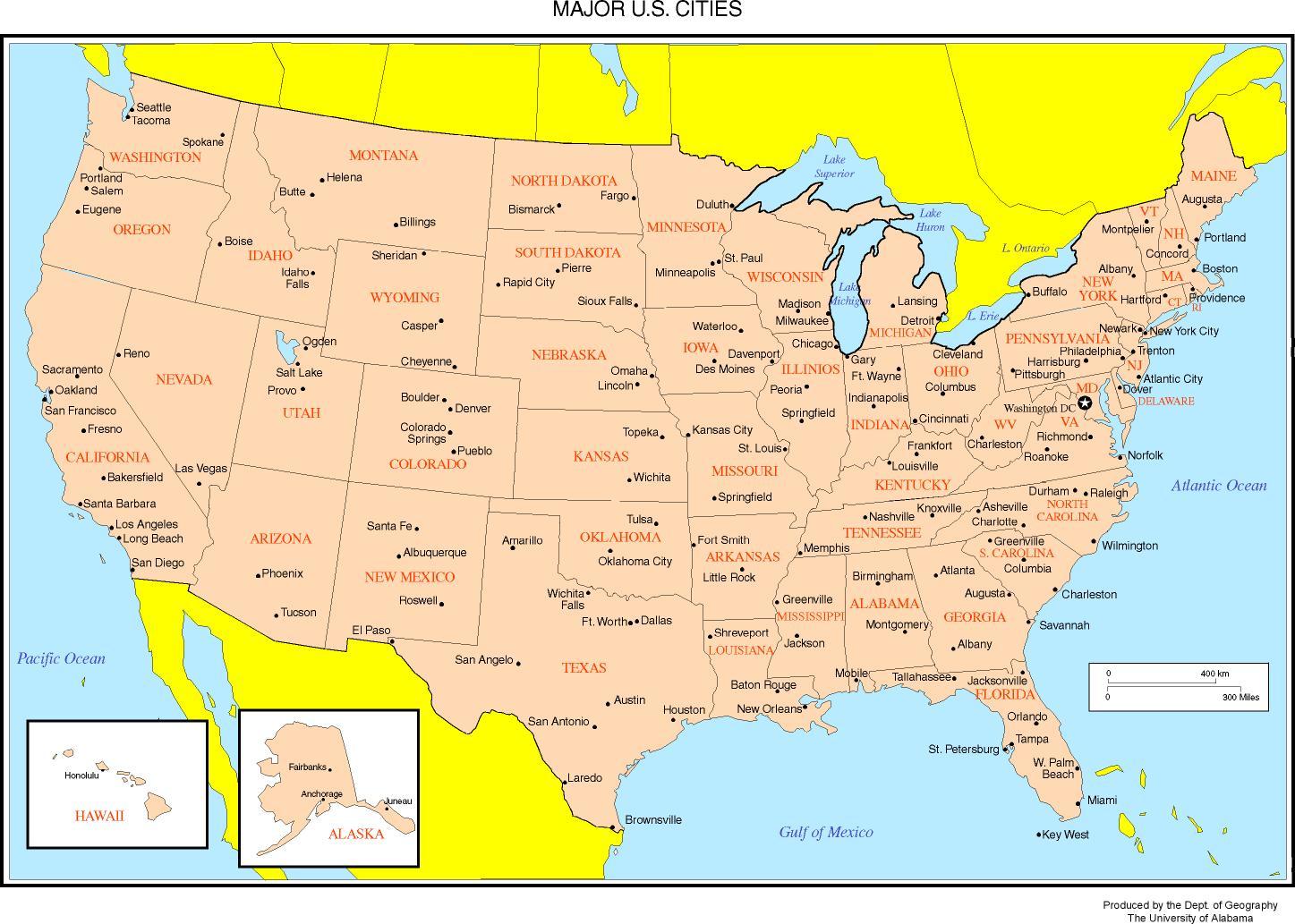 Mapa de estados UNIDOS que muestra las ciudades - Mapa de estados