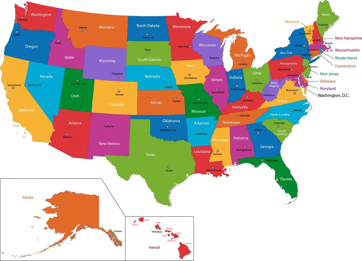 mapa de estados UNIDOS con los Estados y capitales