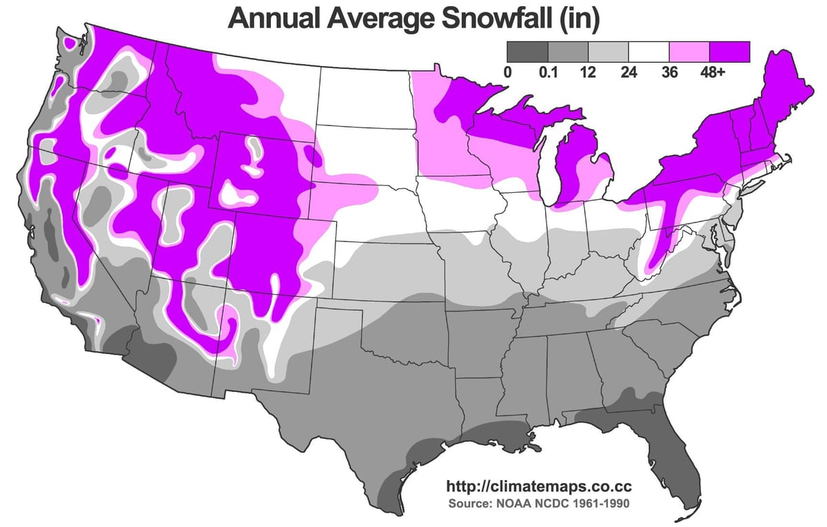 la nieve mapa de estados UNIDOS