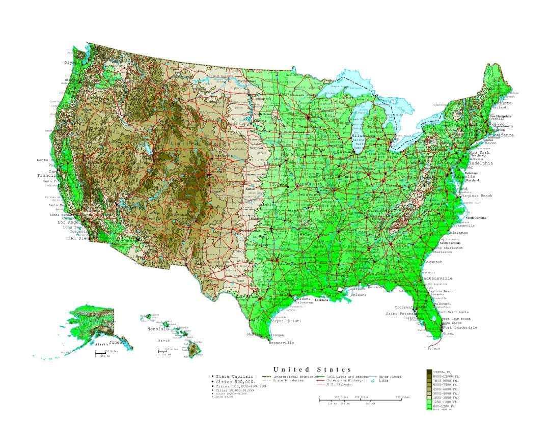 mapa de elevación, estados UNIDOS