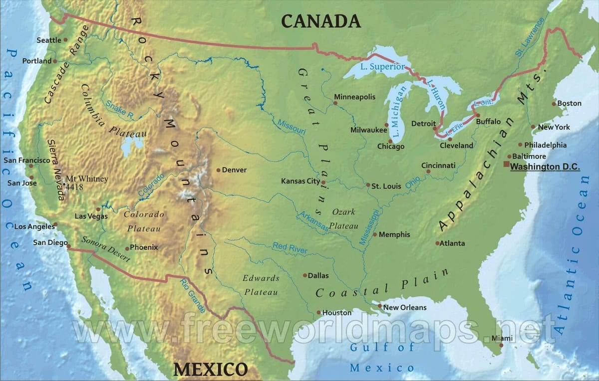 las montañas en el mapa de Estados unidos