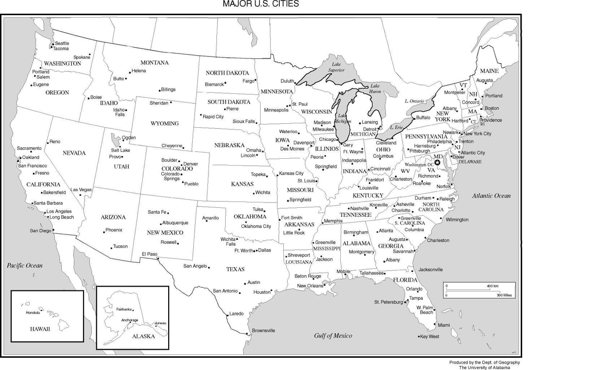 El mapa de estados UNIDOS con las principales ciudades