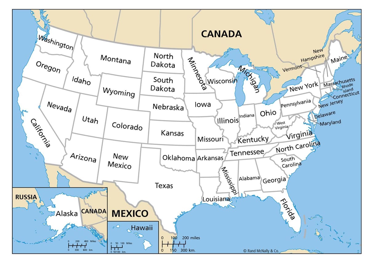mapa de Estados unidos con nombres de Estado