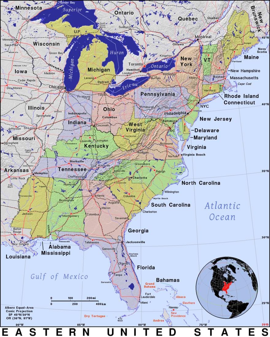 mapa del este de estados UNIDOS
