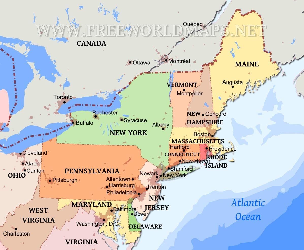 mapa del noreste de Estados unidos con las ciudades