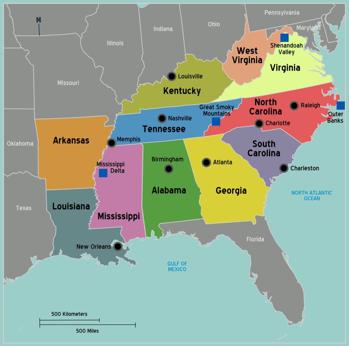 mapa del sur de los estados UNIDOS