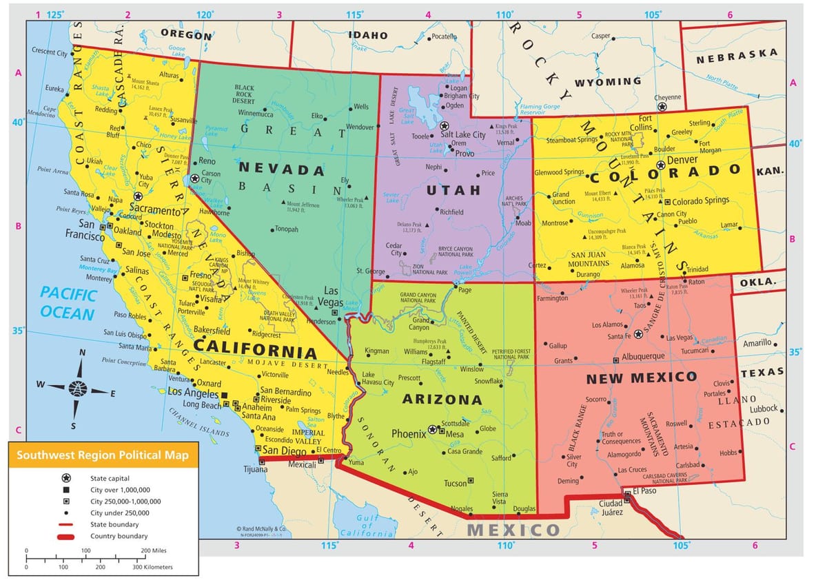 mapa del suroeste de estados UNIDOS
