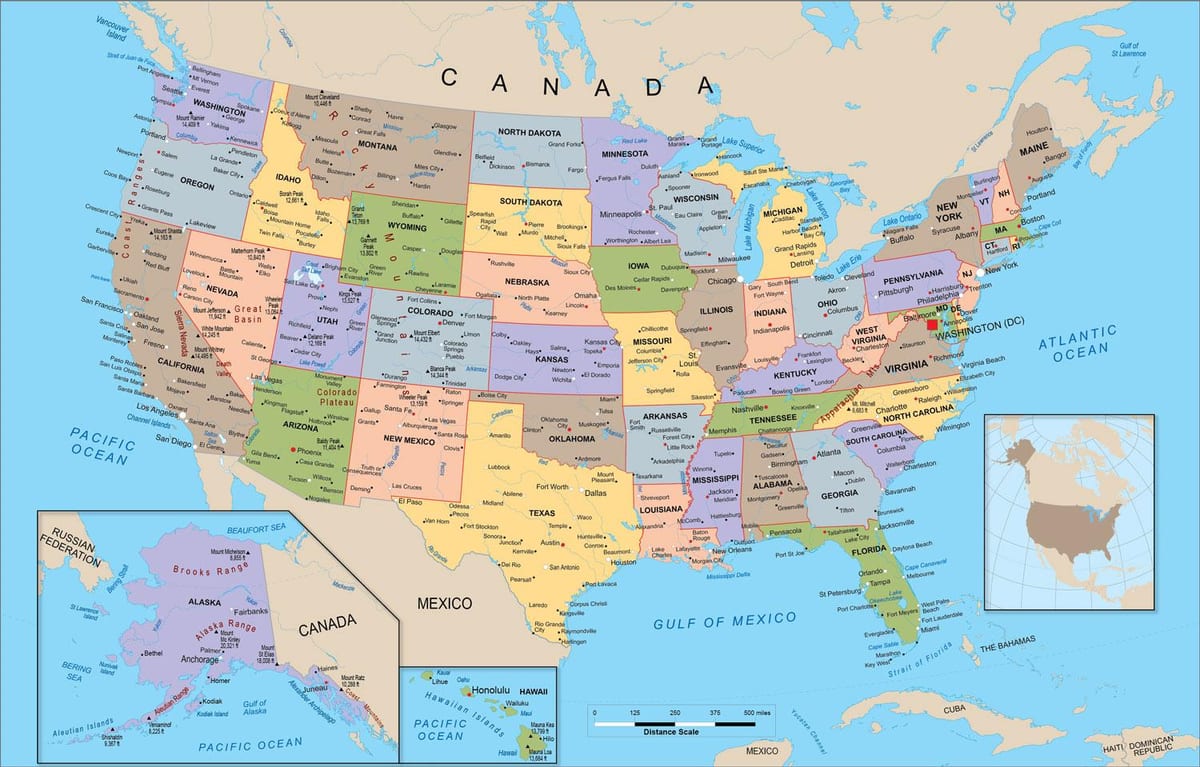 mapa político de los estados UNIDOS