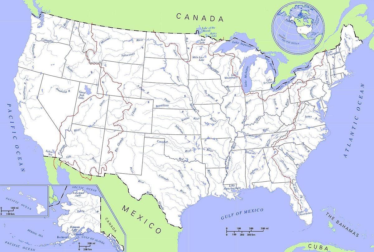 mapa de los estados unidos vías fluviales