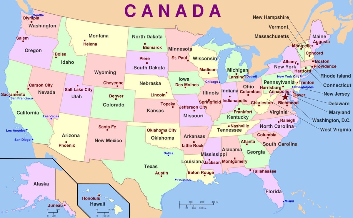 mapa de los estados UNIDOS con capitales