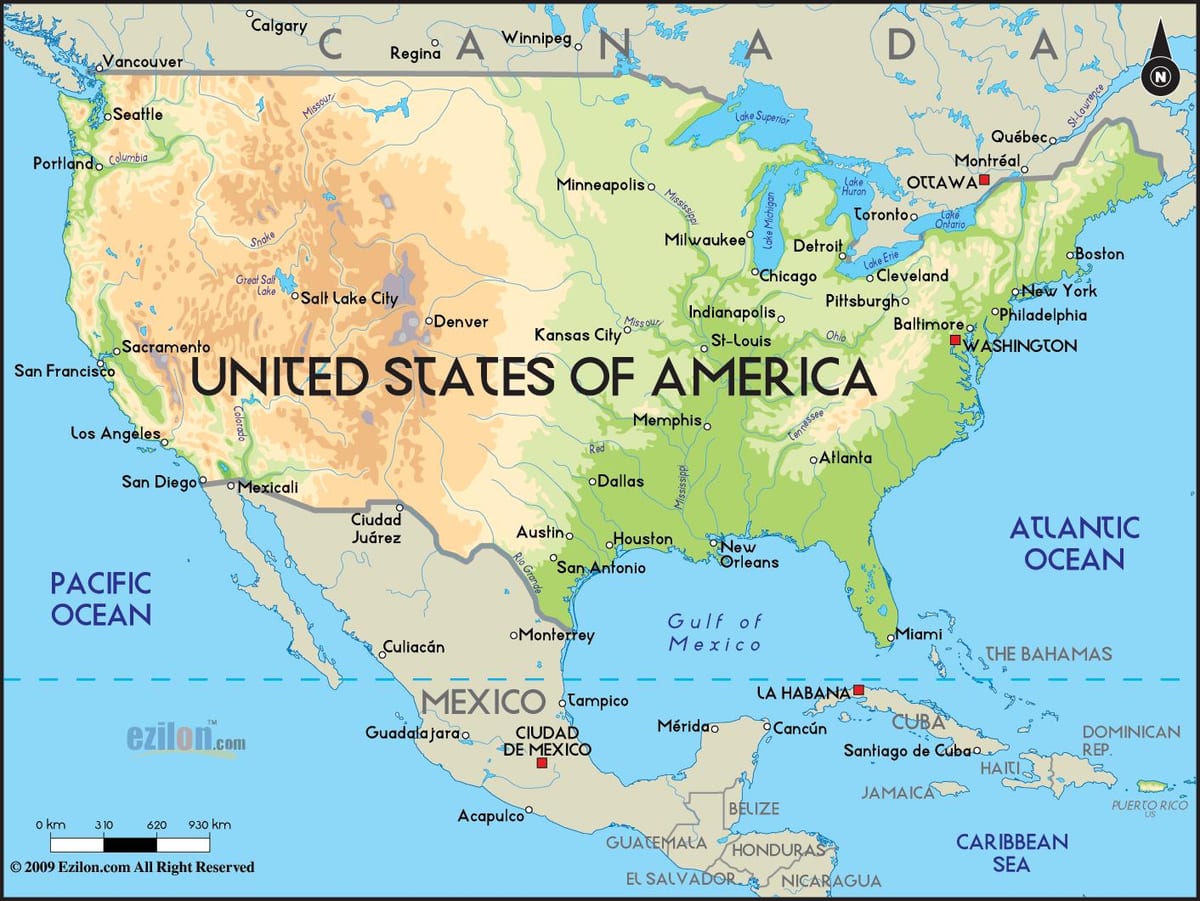 mapa de estados UNIDOS con los océanos