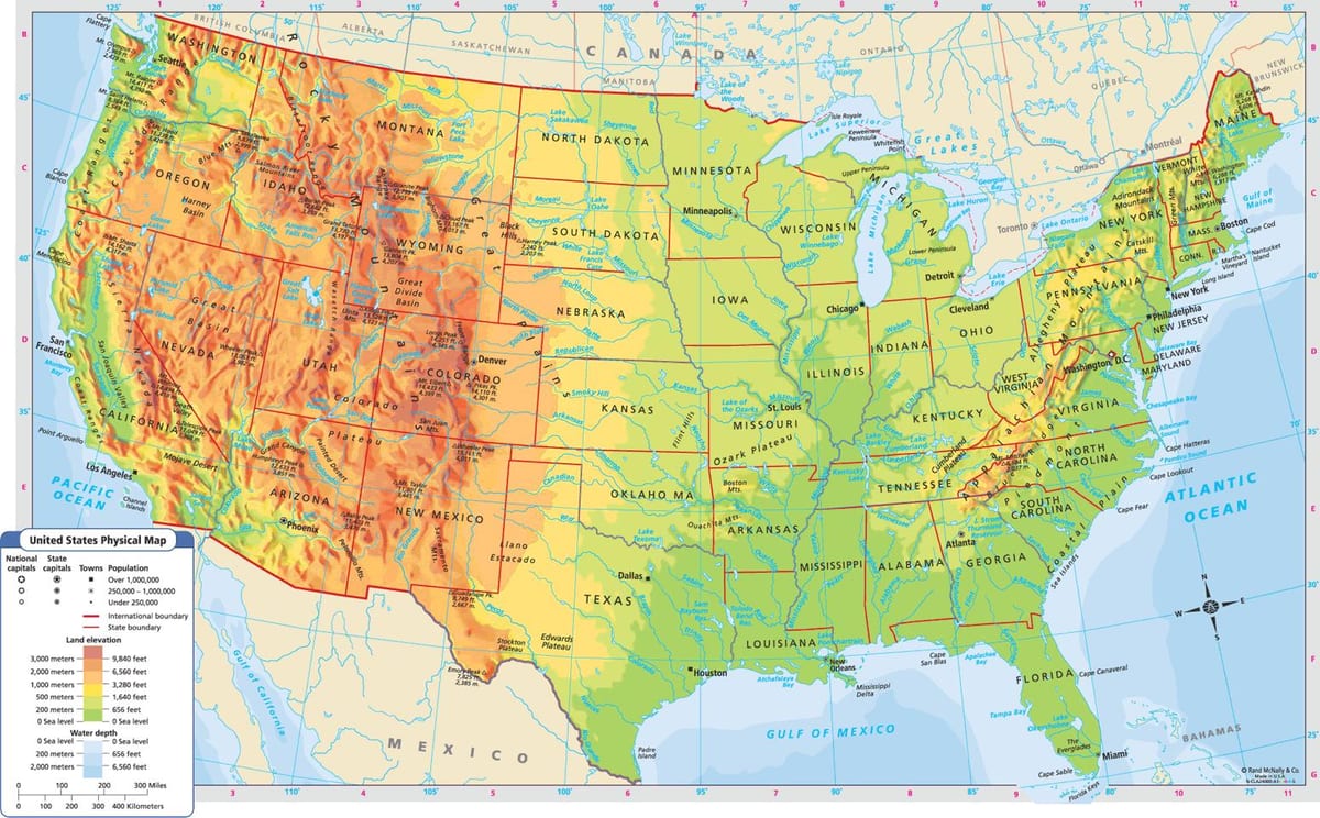 mapa físico de los estados UNIDOS